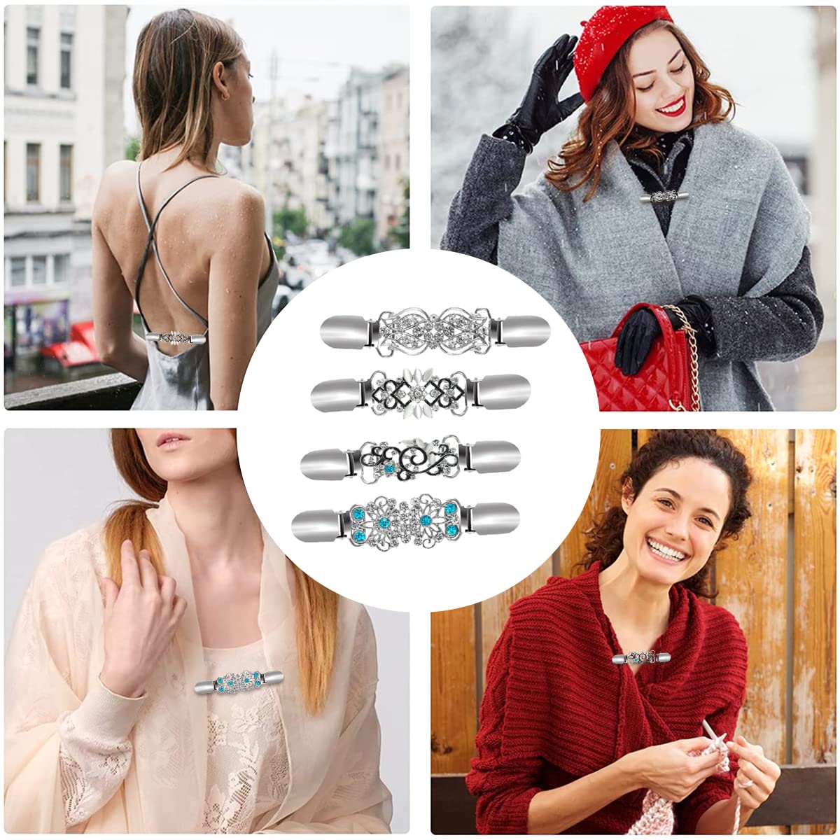 SANNIDHI 4Pcs Sweater Cardigans Clips Shawl Clips Creative Retro Metal Rhinestone Dress Shirt Collar Clips Clasps for Women, Back Cinch Clip for Clothing SANNIDHI 4Pcs Sweater Cardigans Clips Shawl Clips Creative Retro Metal Rhinestone Dress Shirt Collar Clips Clasps for Women, Back Cinch Clip for Clothing